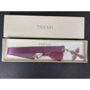 Trifari Purple Stone & Silver Tone Cross Velvet Bookmark Vintage New In Box